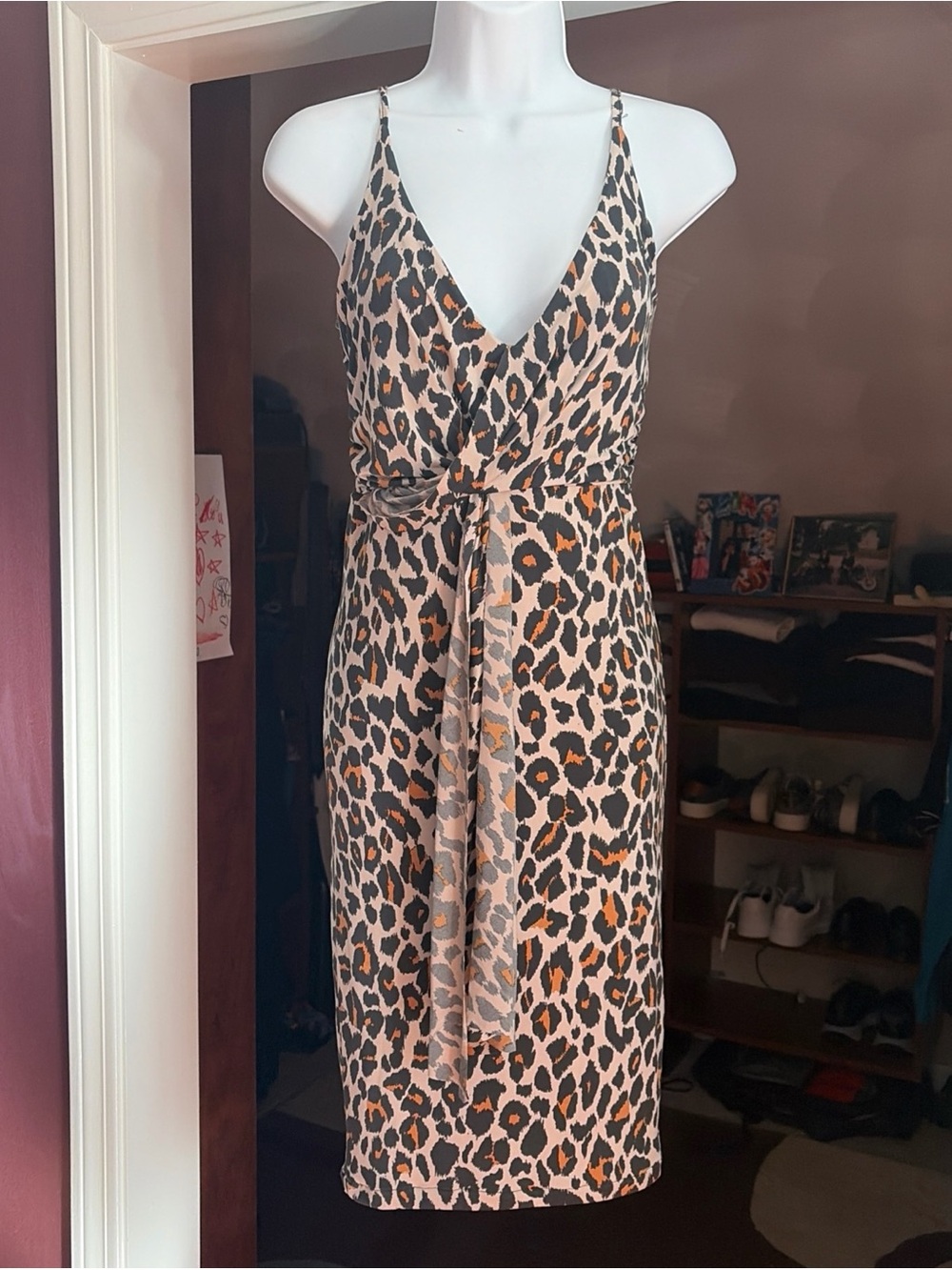 NWT PrettyLittleThing Leopard Print Cross Front Drape Midi Dress Size US 4